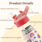 Pink Water Bottle for Girls - 12oz Rainbow Kids Water Bottle with Straw, Stainless Steel Tumbler, Insulated, Leak-proof, BPA-free, Pop-up Straw Lid, for School - Children Birthday Gift Cup(1pc)