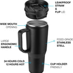 40 oz Tumbler with Handle, Insulated Tumblers with Lid and Straw, Large Metal Sports Water Bottle Jug, Thermal Stainless Steel Travel Coffee Mug Cup, Black