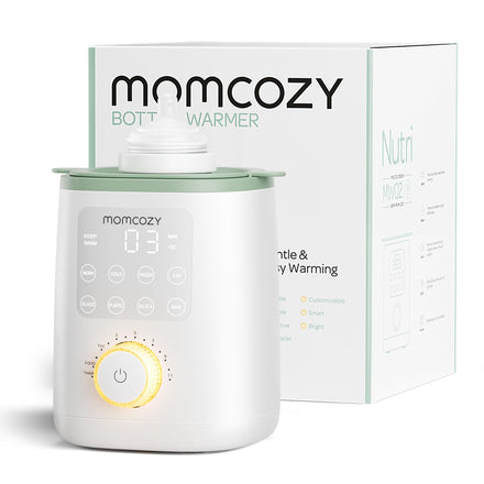 Momcozy bottle warmer with packaging on a white background
