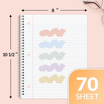 SUNEE Spiral Notebooks, 1-Subject, 5 Pack, College Ruled Paper, 8" x 10-1/2", 70 Sheets per Notebook,3-Hole Punched Paper, Pink,Purple, Blue, Green, Yellow Spiral Lined Notebooks for School,Work