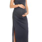 Smallshow Women's Split Long Maternity Dress Sleeveness Ruched Pregnancy Clothes Small Dark Grey