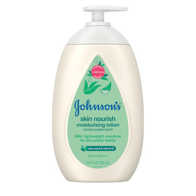 Johnson's skin nourish moisturizing lotion bottle on a white background