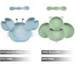 PandaEar 2 Pack Silicone Suction Plates for Baby, Divided Unbreakable Toddler Plate with 2 Pack Spoons for Self Feeding, Babies Utensils Feeding Set Baby Eating Supplies, Crab & Bee Shape -Blue&Green