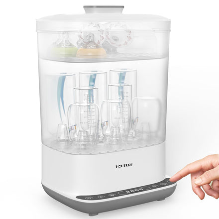 Dishwasher with a hand pressing a button on a white background