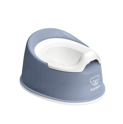 Blue and white baby potty with a visible brand logo on a white background