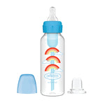 Baby bottle with blue cap and rainbow design on a white background