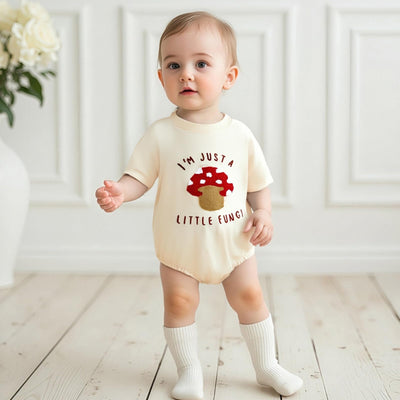 Licupiee Newborn Girl Boy Mushroom Romper Shirts Infant Baby Summer Clothes Letter Embroidery Short Sleeve Bodysuit Tops (Beige, 0-3 Months)