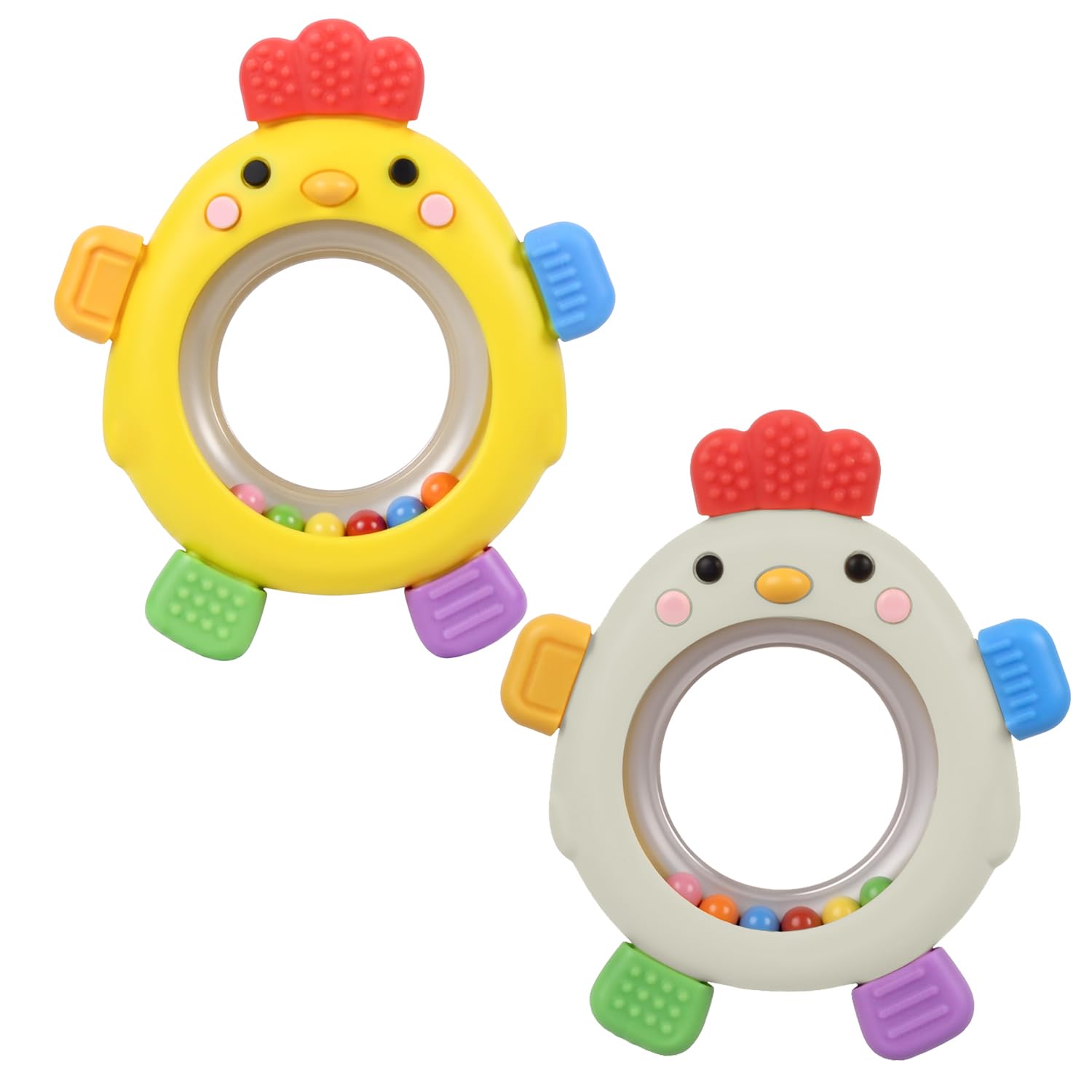 WALULAN Sensory Toys for Babies, 2 Pack Baby Teething Rings Toys for 0-3 3 6-12 Months Baby Rattle Teether Silicone Teether Relief Chew Soothing,BPA Free,Sore Gums Babys Teethers Toys