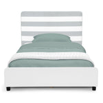 Delta Children Upholstered Twin Size Bed with Headboard, Premium Wood Slat Support, No Box Spring Needed, Easy Assembly, Grey/White Stripe
