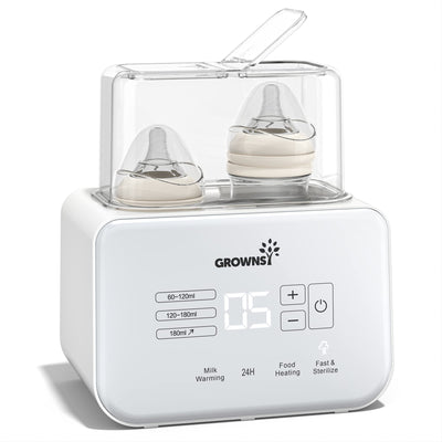 Growsn baby bottle warmer with two bottles inside on a white background