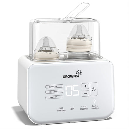 Growsn baby bottle warmer with two bottles inside on a white background