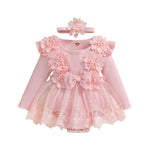 ZAXARRA Infant Baby Girl Romper Dress Baby Dress Romper Flowers Lace Fall Winter Clothes with Headband (Pink, 6-9 Months)