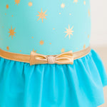 RuffleButts Baby Girls UPF50+ Princess Long Sleeve Bow Skirted One Piece Swimsuit - Teal Golden Princess, 6-12m