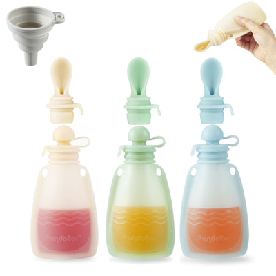 Three colorful bottles with silicone nozzles on a white background, featuring the brand 'PandaEar'.
