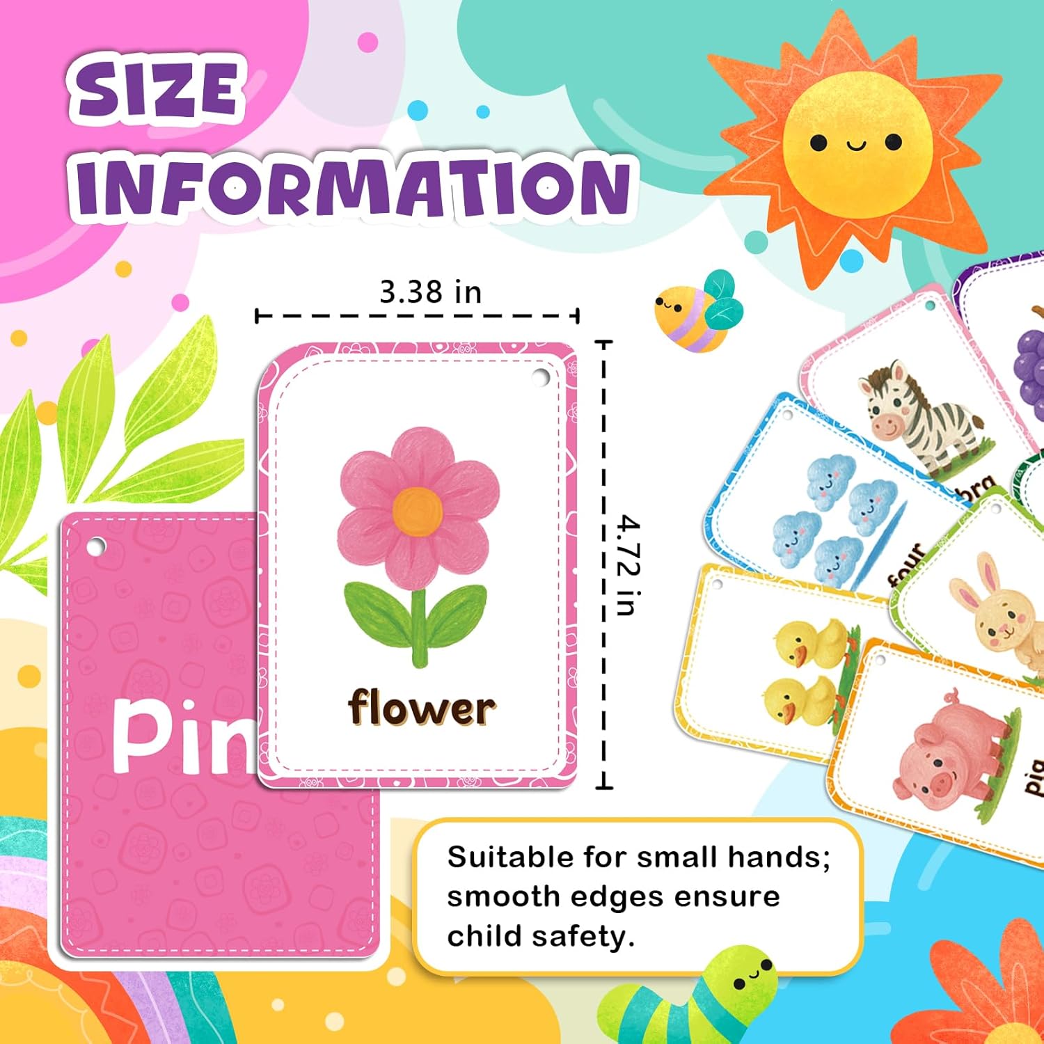Flash Cards are Designed for Toddlers Aged 1-3. The Set Includes 56 Double-Sided Preschool Flash Cards Featuring The Alphabet, Numbers, Colors, and Shapes.