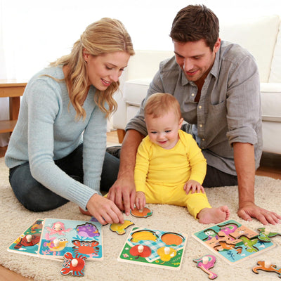 Funsland Wooden Toddler Puzzles - 4 Pcs Eco-Friendly Animal Patterns Jigsaw With Handles - Infant Kid Fine Motor Skill Learning Educational Montessori Toys for 1-3 Years Old