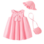 SODLON Baby Girl Dresses 6-12 Months Infant Clothes Summer Vintage Pink Bow Bubble Dress Sweet Linen 3-Piece Outfit with Sunhat & Bag Spring Sleeveless Sundress for Birthday Party Gifts