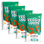 Four packages of Veggie Loops snacks on a white background