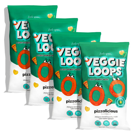 Four packages of Veggie Loops snacks on a white background