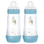 Two baby bottles with blue accents and elephant designs on a white background