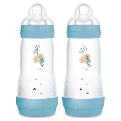 Two baby bottles with blue accents and elephant designs on a white background