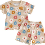 fhutpw Toddler Baby Girls Summer Outfits Daisy Ruffle Short Sleeve T-Shirts Tops Floral Shorts 2Pcs Clothes Set 6M-4T