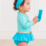 RuffleButts Baby Girls UPF50+ Princess Long Sleeve Bow Skirted One Piece Swimsuit - Teal Golden Princess, 6-12m