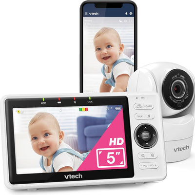 Vtech baby monitor with a smartphone displaying a child's face, on a white background