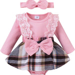 Baby Girl Clothes Fall Winter Outfit Plaid Romper Long Sleeve Dress Lace Ruffles Bodysuit with Bow Headband