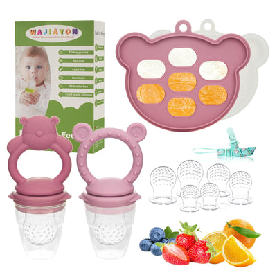 Baby food feeder set with packaging, bear-shaped feeder, and fruit puree containers on a white background.
