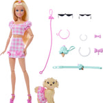 Barbie Twinning Looks Doll with Pet Dog in Matching Pink Gingham Clothes and Accessories for Both Like Sunglasses, Necklaces and Bows, Blonde