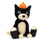 Black and white plush toy with an orange hat on a white background