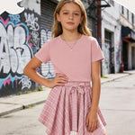 PATPAT Girls 2 Piece Skirt Sets Size 11-12 Years, Pink Shirts + Pink Plaid Skirts Clothing Sets Summer Outfits, Preppy Clothes for Girls Y2K Outfits Streetwear