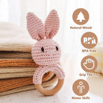 Wooden Baby Rattle，Crochet Bunny Rattle with Wood Ring, Newborn Wooden Animal Rattle Toy，Infant Pink Bunny Wood Rattle Toys