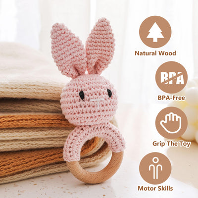 Wooden Baby Rattle，Crochet Bunny Rattle with Wood Ring, Newborn Wooden Animal Rattle Toy，Infant Pink Bunny Wood Rattle Toys
