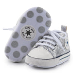 KKIIDDSS Unisex Baby Girls Boys Canvas High-top Shoes, Newborn Infant Anti-Slip Soft Sole Frist Walking Sneakers (B02/Sequin Silver, 12-18 Months)