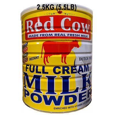 Red Cow full cream milk powder canister on a white background