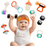 iPlay, iLearn Baby First Gym Rattle Set, Infant Dumbbell Weights Teething Rattles 3-6-12 Month, Newborn Workout Sensory Stroller Toy, Babies Birthday Shower Gift 5 7 8 9 10 Month Toddler Boy Girl-7PCS
