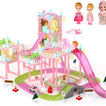 Doll House with Lights&Track Car Toy Set,Princess Dollhouse for Girls, 3 Dolls, Pets, Car, Furniture and Accessories, Design and Build Gift for 3 4 5 6 7 8+ Year Old Girls