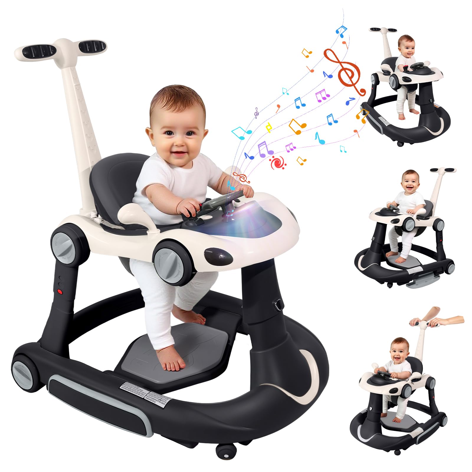 Baby Walker, 4-in-1 Baby Walker with Wheels Portable, Foldable Infant Toddler Walker for Boys Girls 6-18 Month,Removable Footrest,Car Steering Wheel & Music, Adjustable Push Walker Black