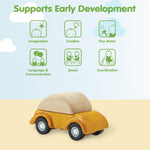 PlanToys® Yellow Car Wooden Montessori Vehicle Toy | Early Movement, Imagination and Practical Life Exploration | Eco Friendly Car for Indoor and Outdoor Play