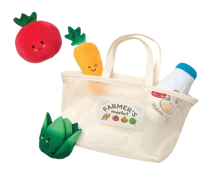 Toy vegetable set with a mesh bag labeled 'Farmer's Market' on a white background