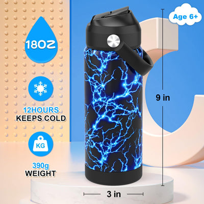 Ntswasd Boys Water Bottle with Straw,18 oz Kids Insulated Cups with Stainless Steel Leak Proof for School,Sport&Travel（Lightning）