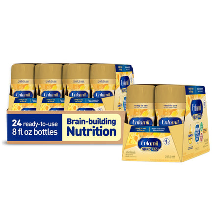 Enfamil baby formula bottles and packaging on a white background
