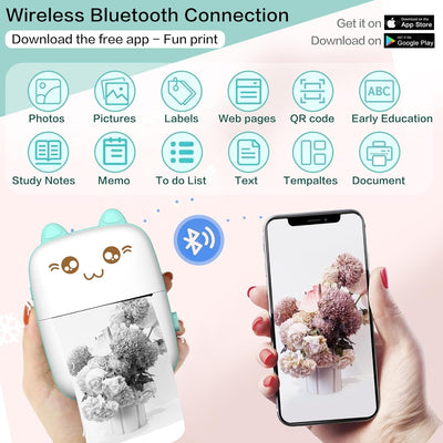 Mini Printer Portable, Inkless Sticker printer with 8 Rolls Paper, Bluetooth Wireless mini thermal printer Compatible with iOS + Android for Journal, Memo, Photo, Print Pod Gifts for Girls Kids