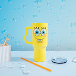 Silver Buffalo Spongebob Squarepants Smiling Face Stainless Steel Tumbler with Handle and Straw, Fits in Standard Cup Holder, 40 Ounces