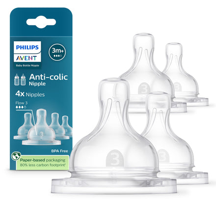 Philips Avent anti-colic baby bottle nipples with packaging on a white background