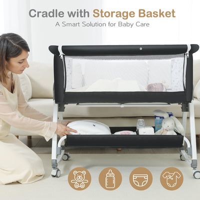 OHFLY Baby Bassinet, Bedside Bassinet for Baby, 4 in 1 Bassinet Bedside Sleeper with Locked Wheels, Mosquito Net, Adjustable Easy Folding Portable Crib for Infant Newborn, Dark Grey