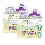 Packaging of Jack N' Jill natural baby gum and tooth wipes with cartoon characters on a white background.