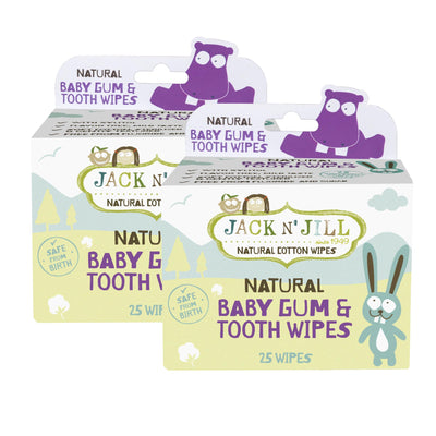 Packaging of Jack N' Jill natural baby gum and tooth wipes with cartoon characters on a white background.